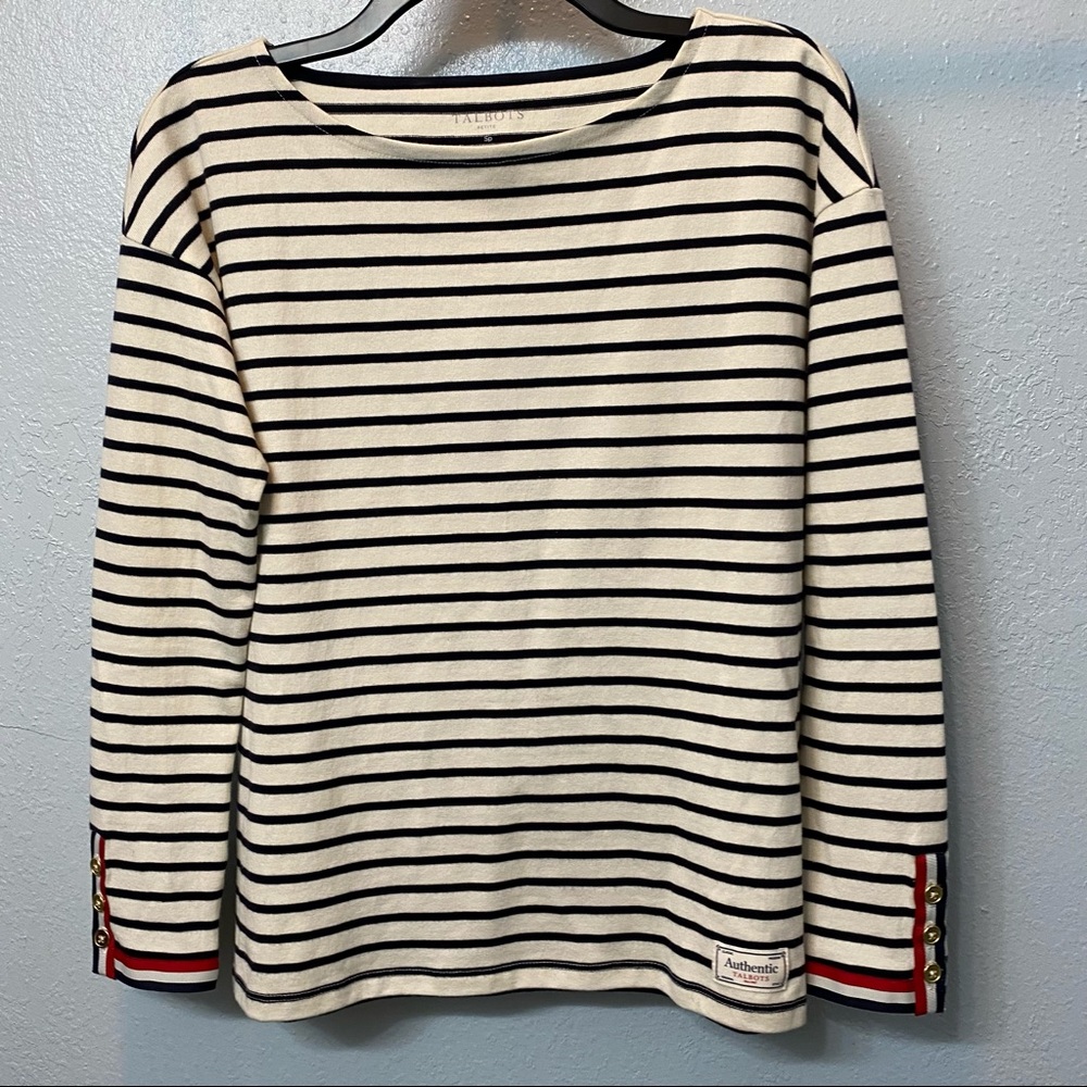 Talbots Authentic Long Sleeve cream and black Striped Top small petite